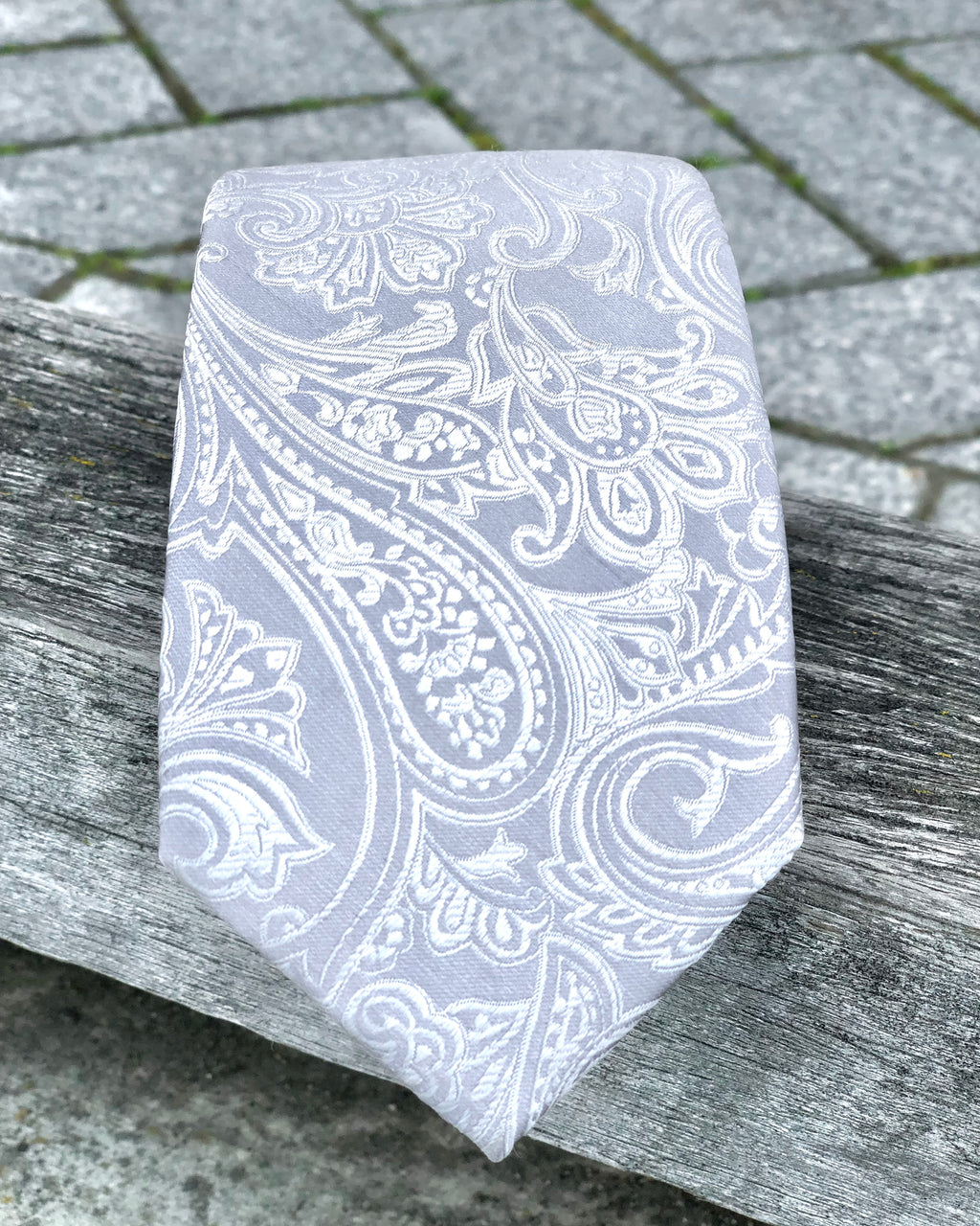 Silver satin paisley tie for hire