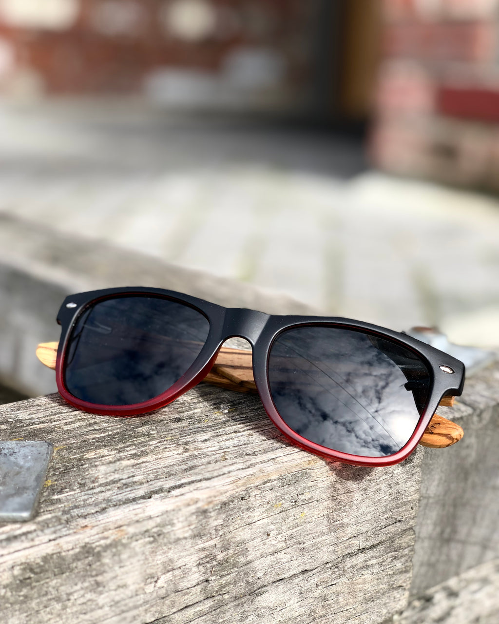 Electric Pukeko Sunglasses - Gradient Black to Red Frames with Zebrano Wood Arms