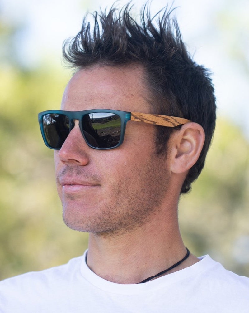 Electric Pukeko Sunglasses - Blue Frame with Zebrano Wood Arms