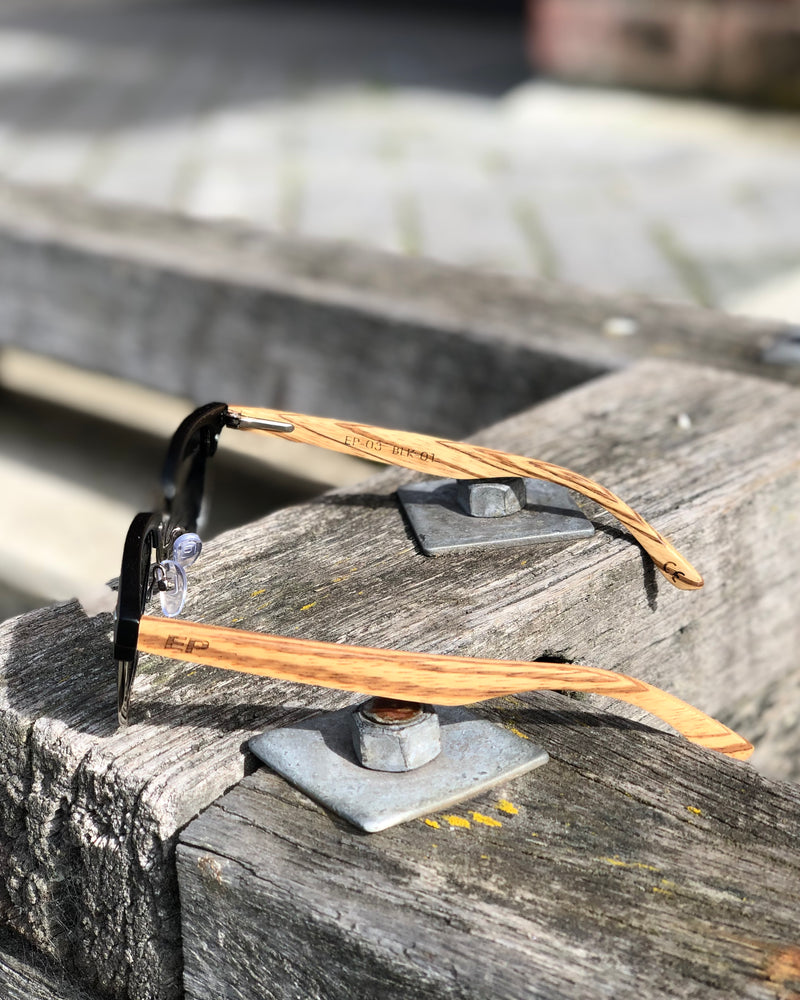 Electric Pukeko Sunglasses - Black Frame with Wire Rim, Grey Lenses and Zebrano Wood Arms