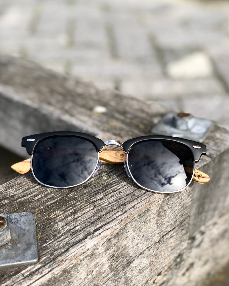 Electric Pukeko Sunglasses - Black Frame with Wire Rim, Grey Lenses and Zebrano Wood Arms
