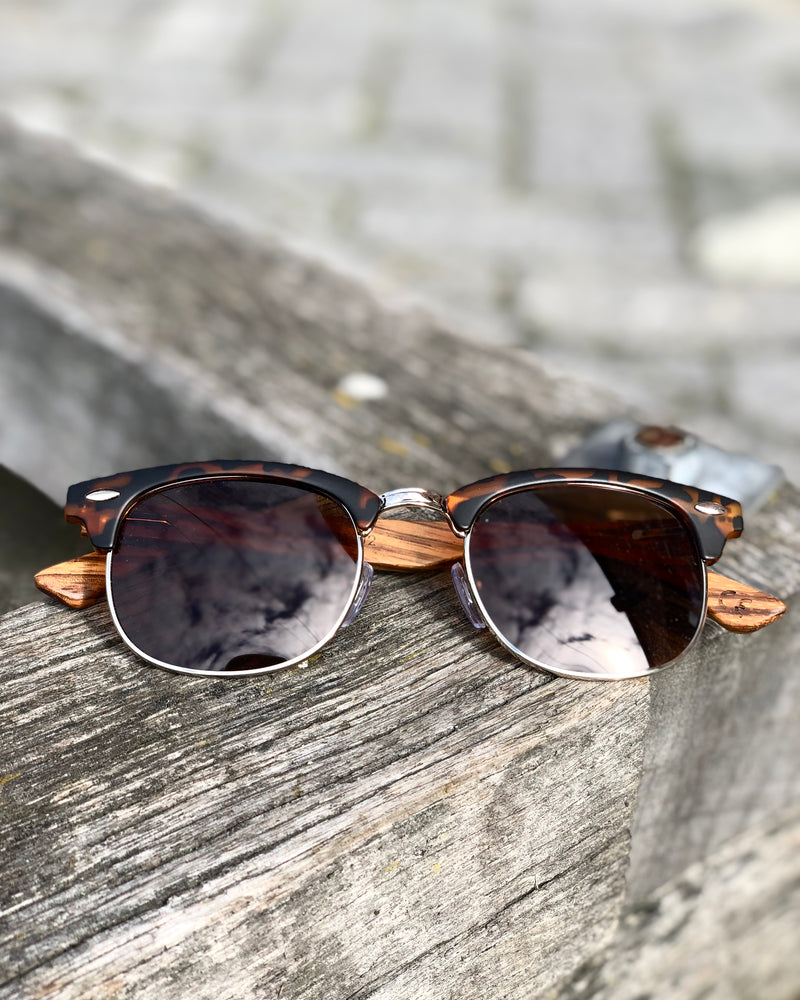 Electric Pukeko Sunglasses - Tortoise-shell Frame with Wire Rim, Brown Lenses & Zebrano Wood Arms
