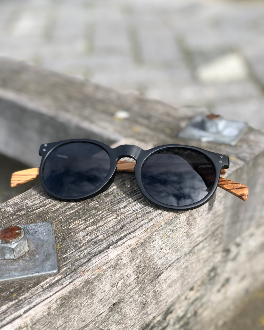 Electric Pukeko Sunglasses - Round Black Matt Frame, Grey Lenses and Zebrano Wood Arms